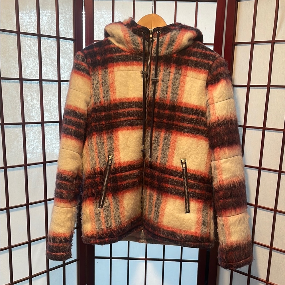 Plaid Hooded Jacket with Zipper Details